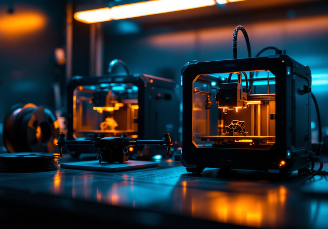 Industrial FDM and resin 3D printers building a black drone airframe part