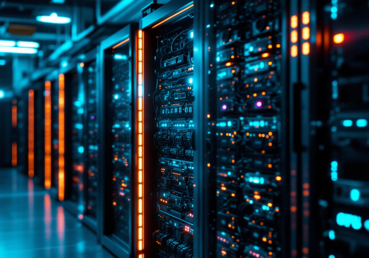 An open server rack with cabled GPU servers and cooling
