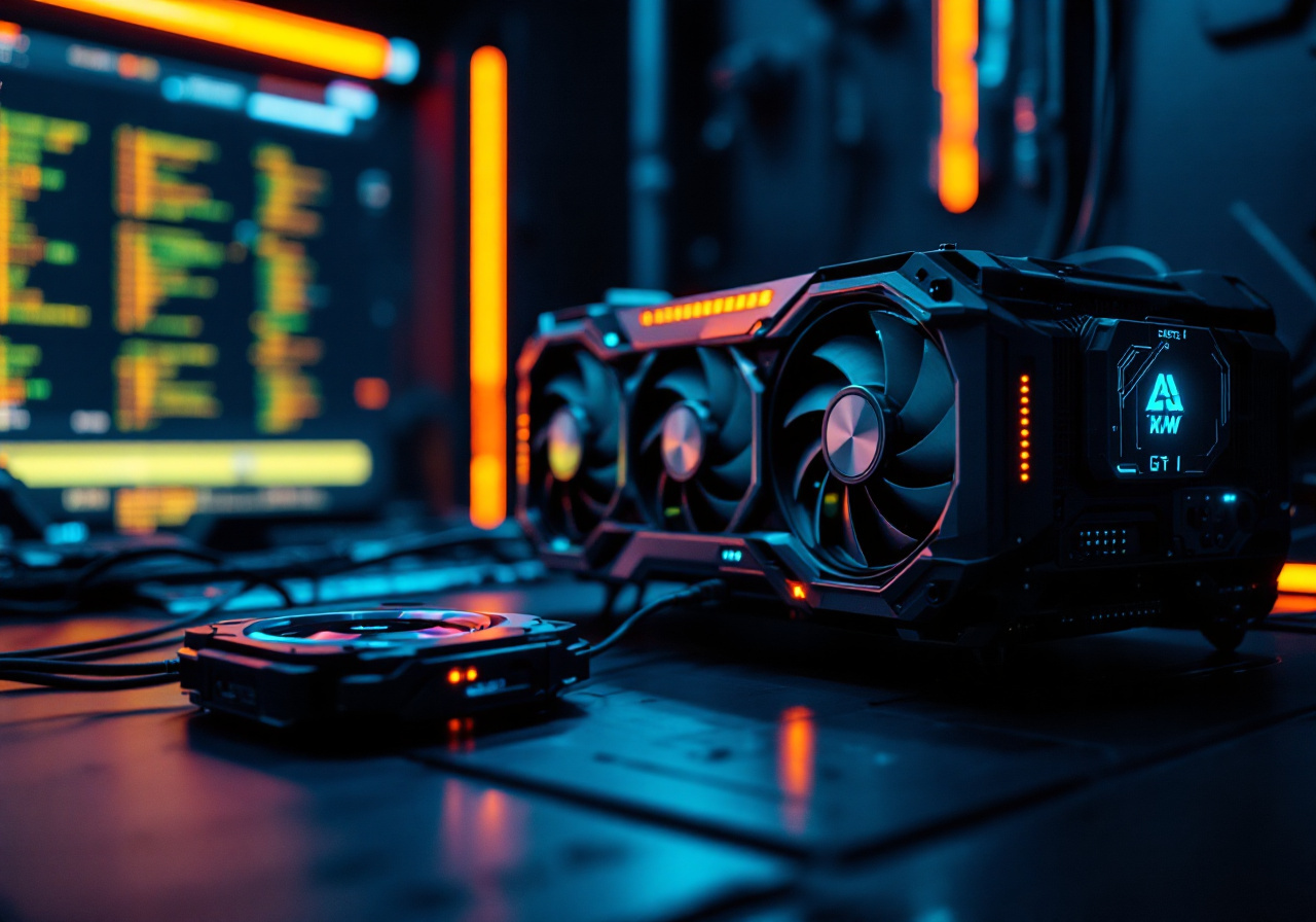 GPU workstation and edge-AI compute module with glowing indicator lights