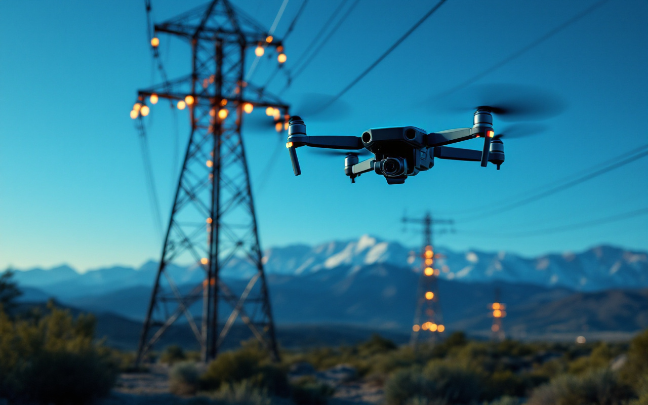 Drone inspecting a high-voltage transmission tower