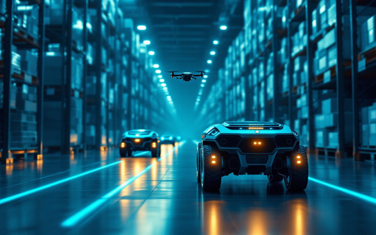 Autonomous robots and a drone navigating a warehouse
