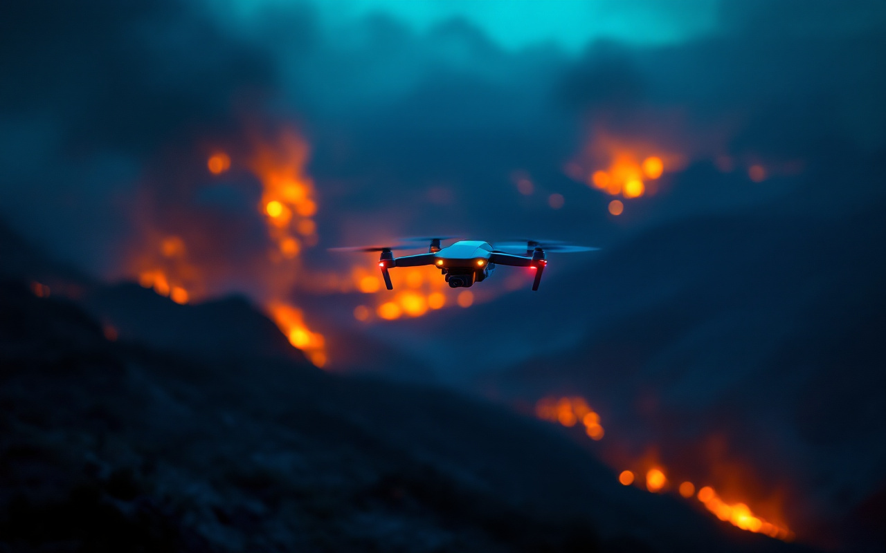Inspection drone over a wildfire ridge at dusk