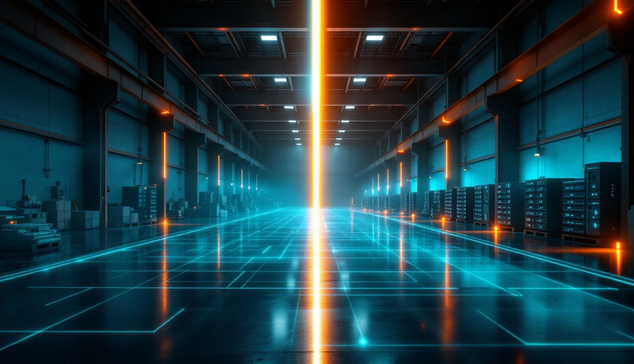 A real facility on the left transitioning into a glowing cyan point-cloud digital twin on the right